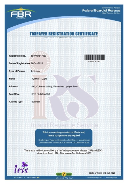Pakistan taxpayer registration certificate Word and PDF template
